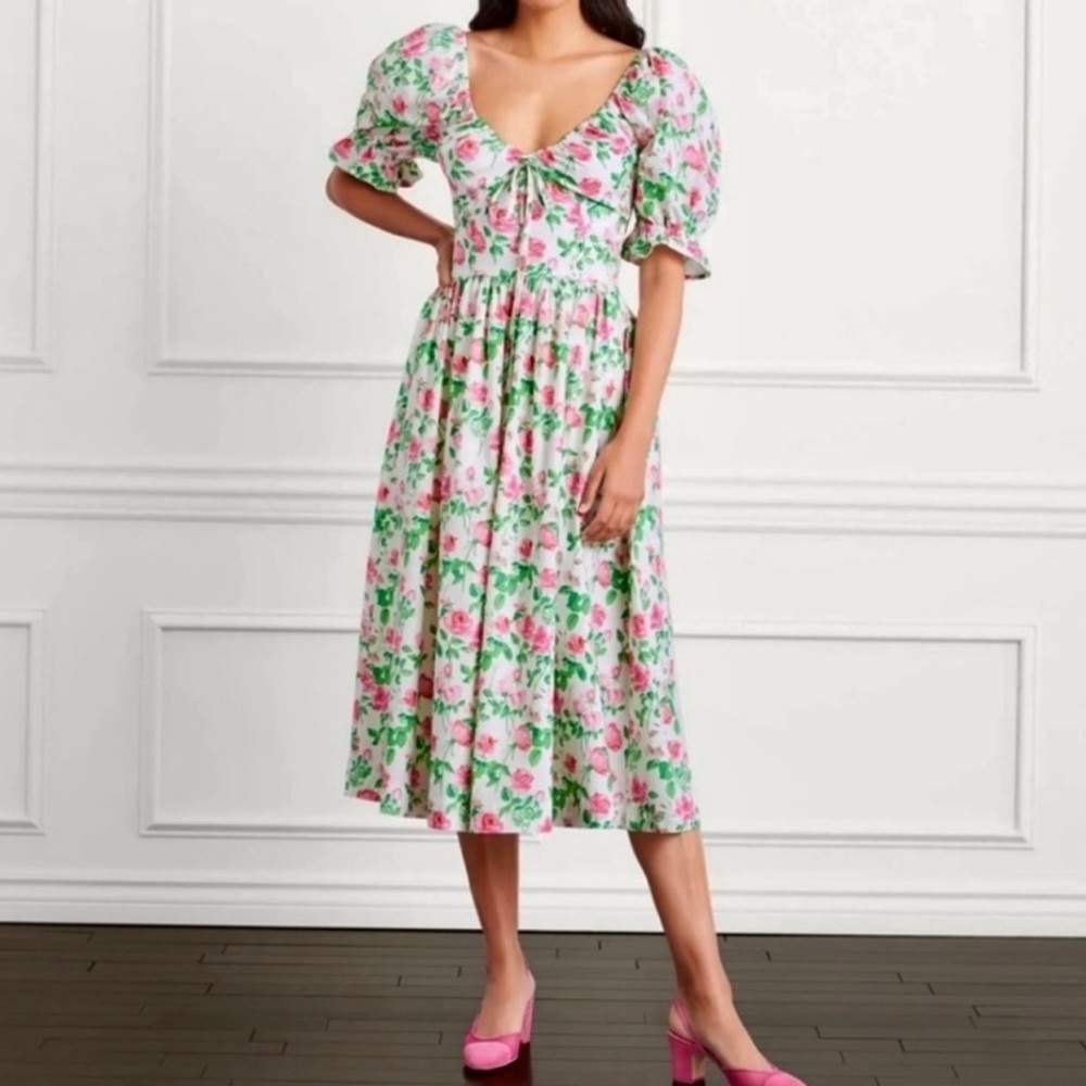 Hill House Ophelia Dress, NWT, XS, white with pink roses and green leaves